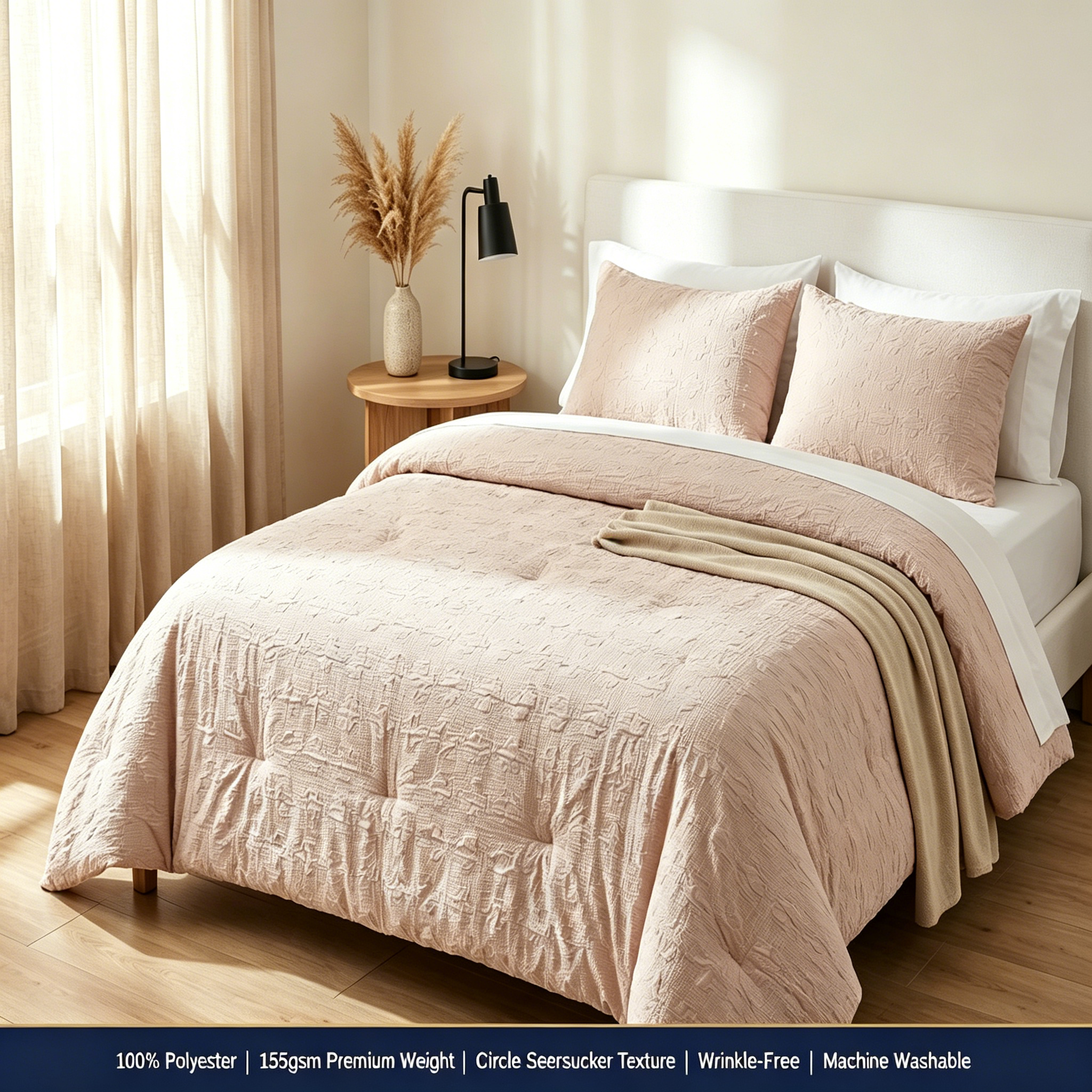 HONI 155gsm Circle Seersucker 3-Piece Comforter Set – Breathable, Lightweight & Wrinkle-Free All-Season Bedding