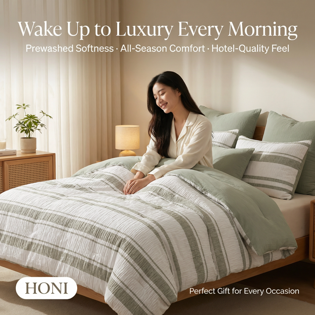 Premium 8-Piece Comforter Set – 170g Yarn-Dyed Waffle & 85g Washed Brushed Microfiber Bedding