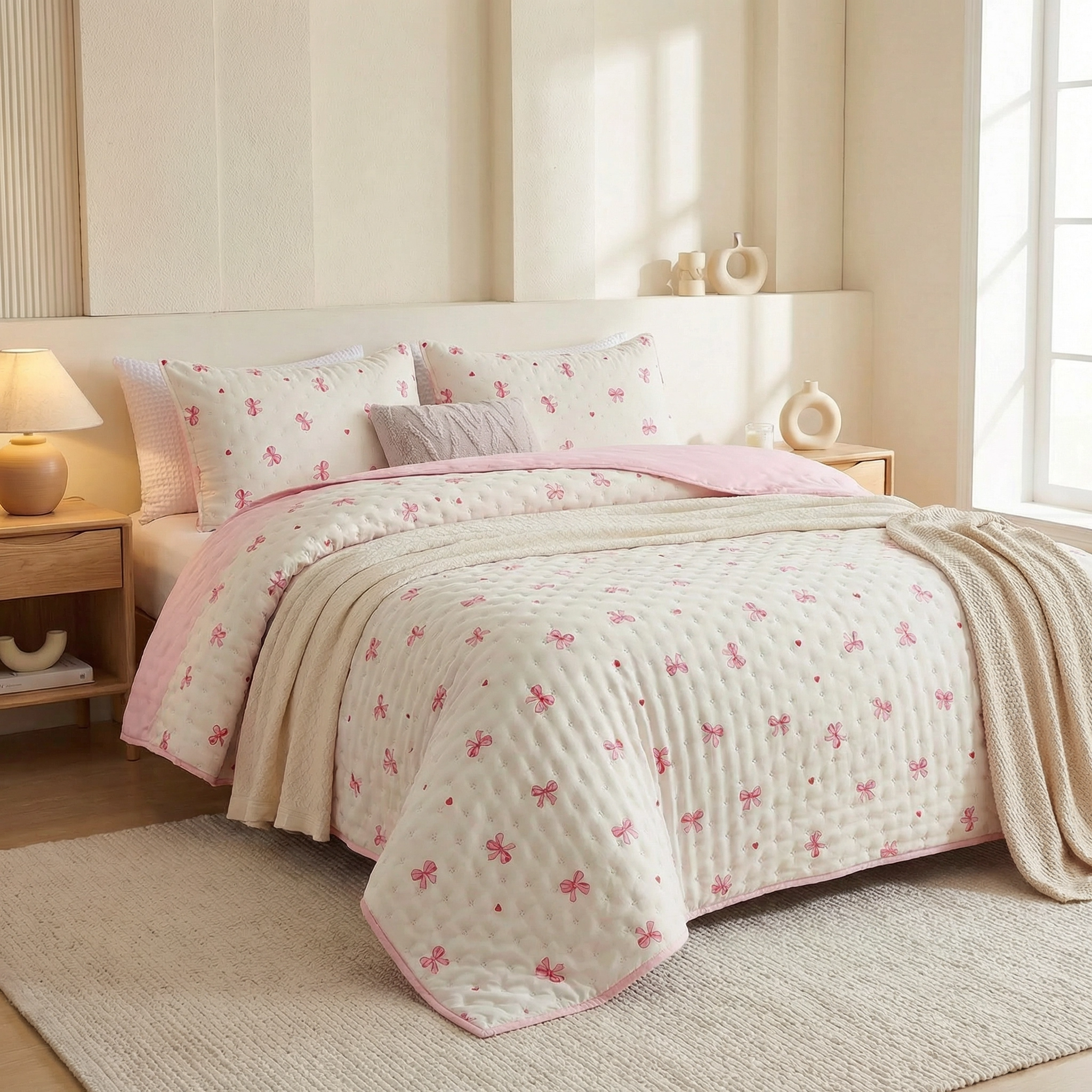 HONI 80gsm Printed Quilt – Bow Tie + Blush Pink