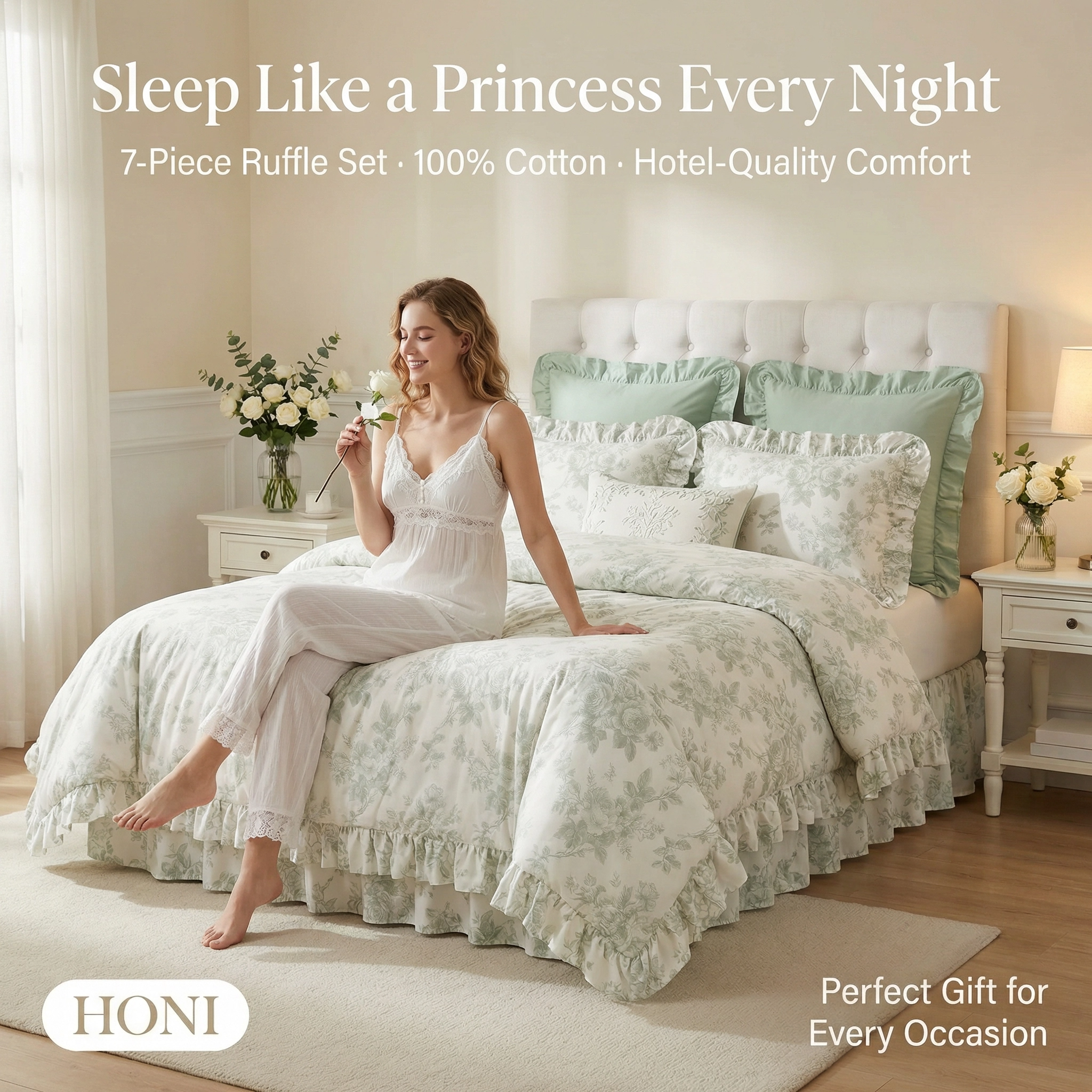 HONI Romantic Elegance 180T 100% Cotton 7-Piece Bedding Set – HD Rose Print, Ruffle Trim & Non-Glue Fill