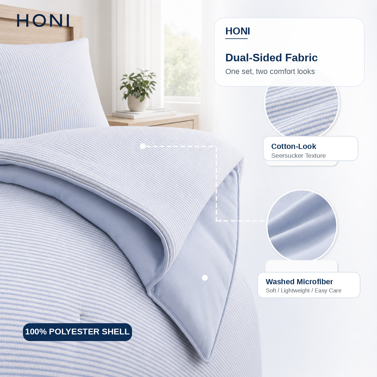 125gsm Fine Crinkle Stripe Seersucker &95gsm Washed Dyed Comforter-3-Piece Bedding Set (B2B Ready)