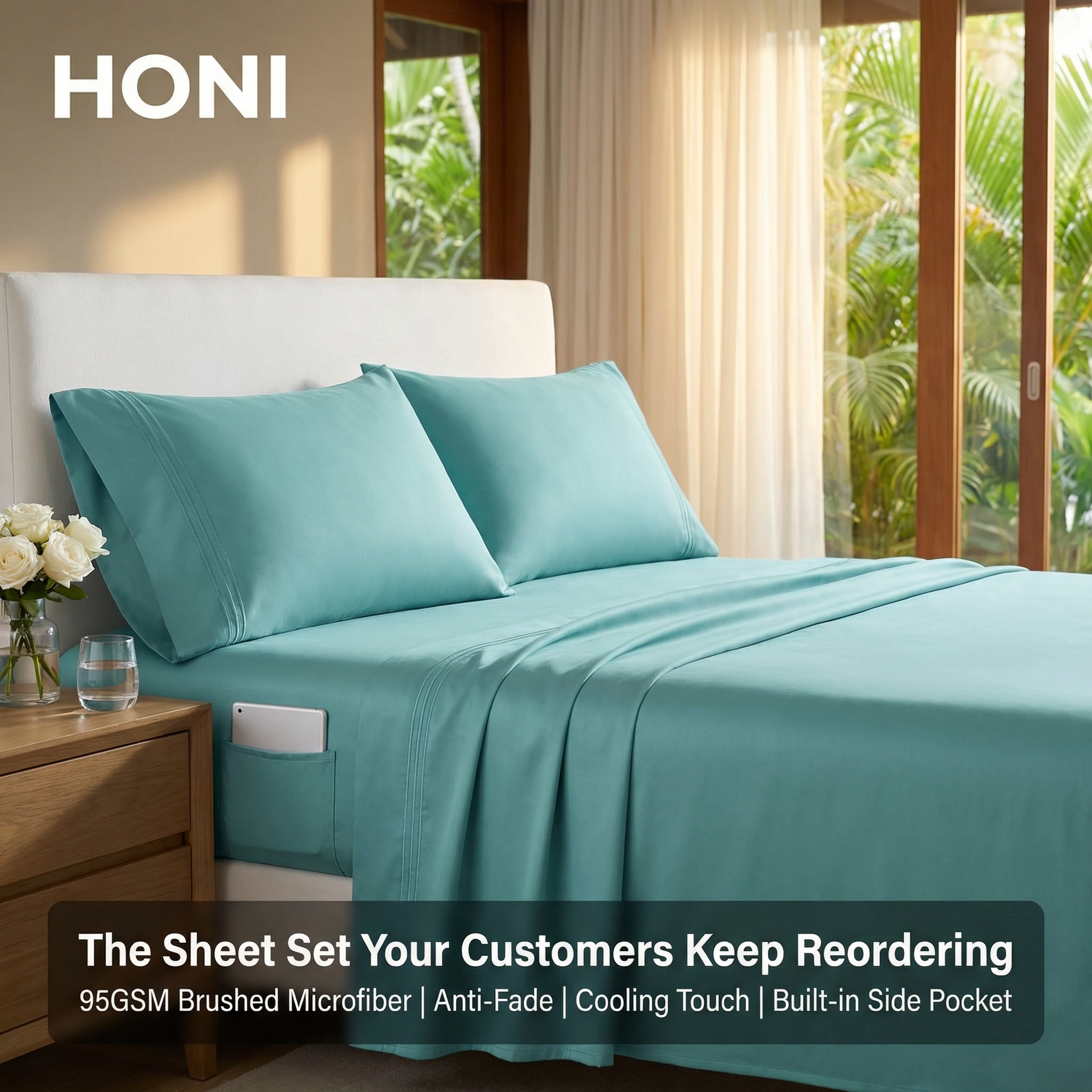 HONI Brushed Microfiber Fitted Sheet Set with Built-in Large Side Pocket – 95GSM Cooling & Anti-Fade Fabric, Compatible with iPad & Smartphones