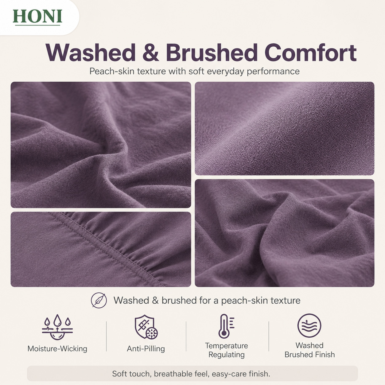 HONI 90GSM Washed Brushed Bed Sheet Set – Breathable, Moisture-Wicking & Temperature-Regulating