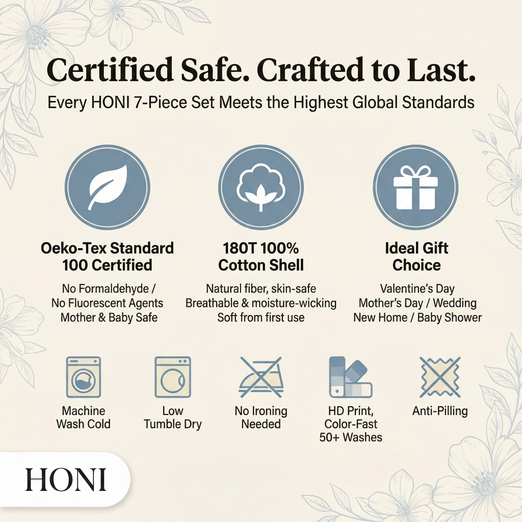 HONI Premium Botanical 7-Piece Bedding Set 180T 100% Cotton | Factory Direct | OEM/ODM Available
