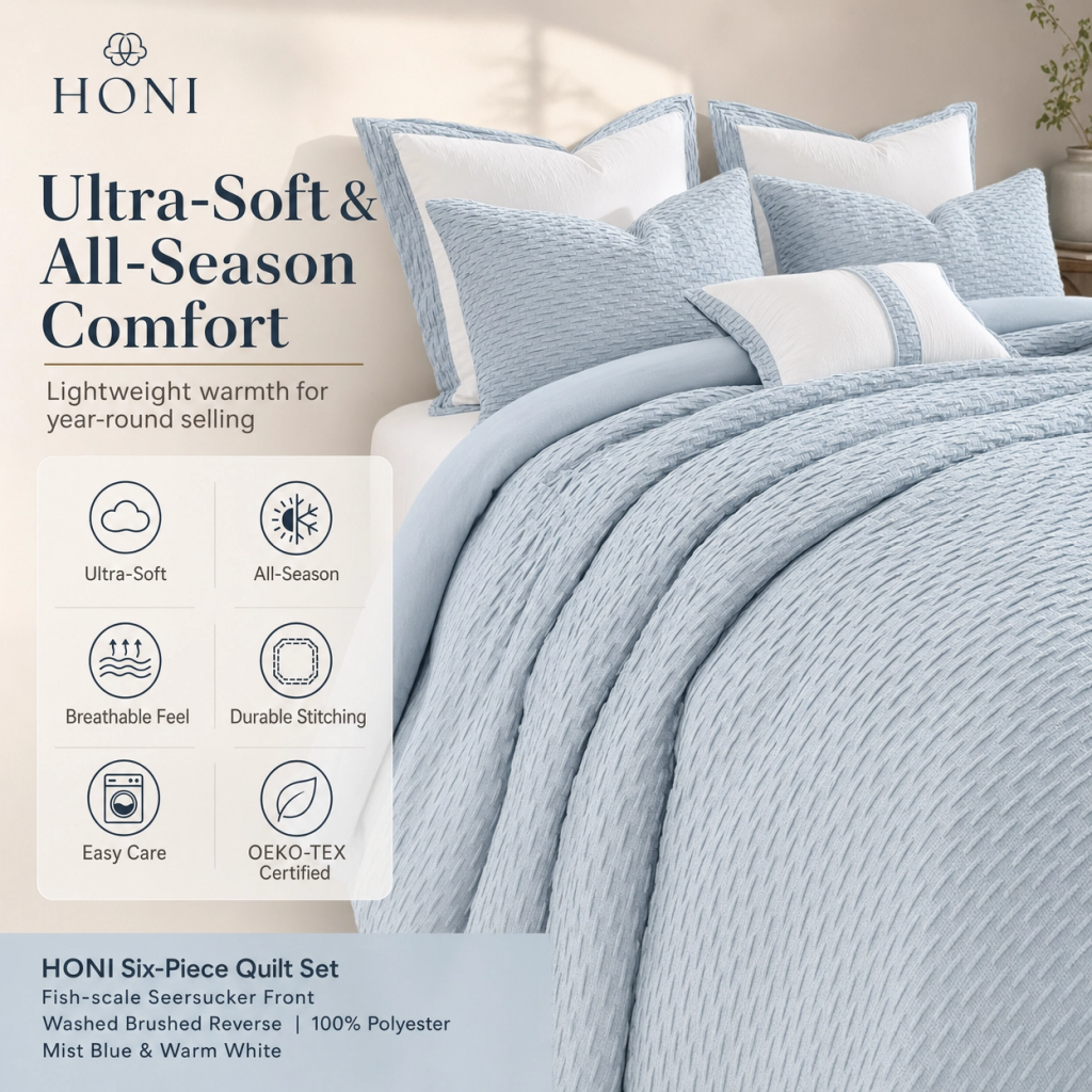 HONI 180gsm Fish Scale Seersucker + 85gsm Washed Brushed Fabric 6-Piece Comforter Set – Dual-Tone Textured Luxury Bedding