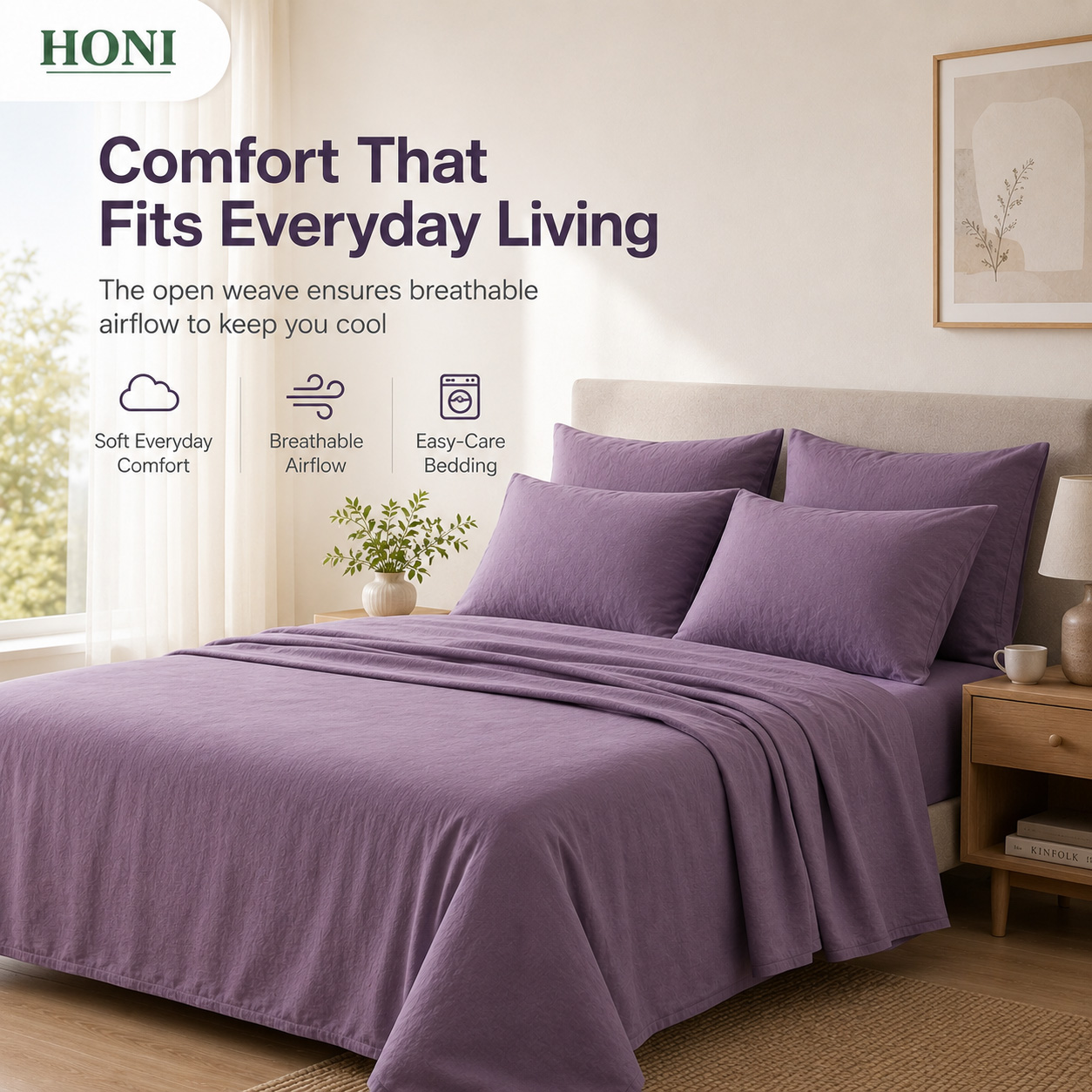 HONI 90GSM Washed Brushed Bed Sheet Set – Breathable, Moisture-Wicking & Temperature-Regulating