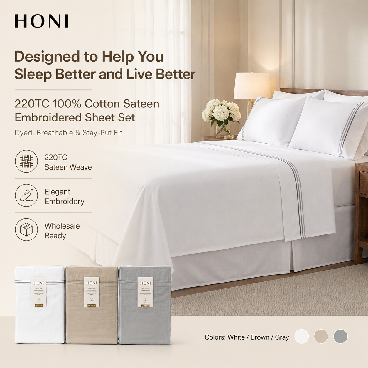 HONI Wholesale Bulk 200TC Cotton Sateen Flat Sheet Set Luxury Hotel Quality Wrinkle Resistant Bedspread OEKO-TEX Certified