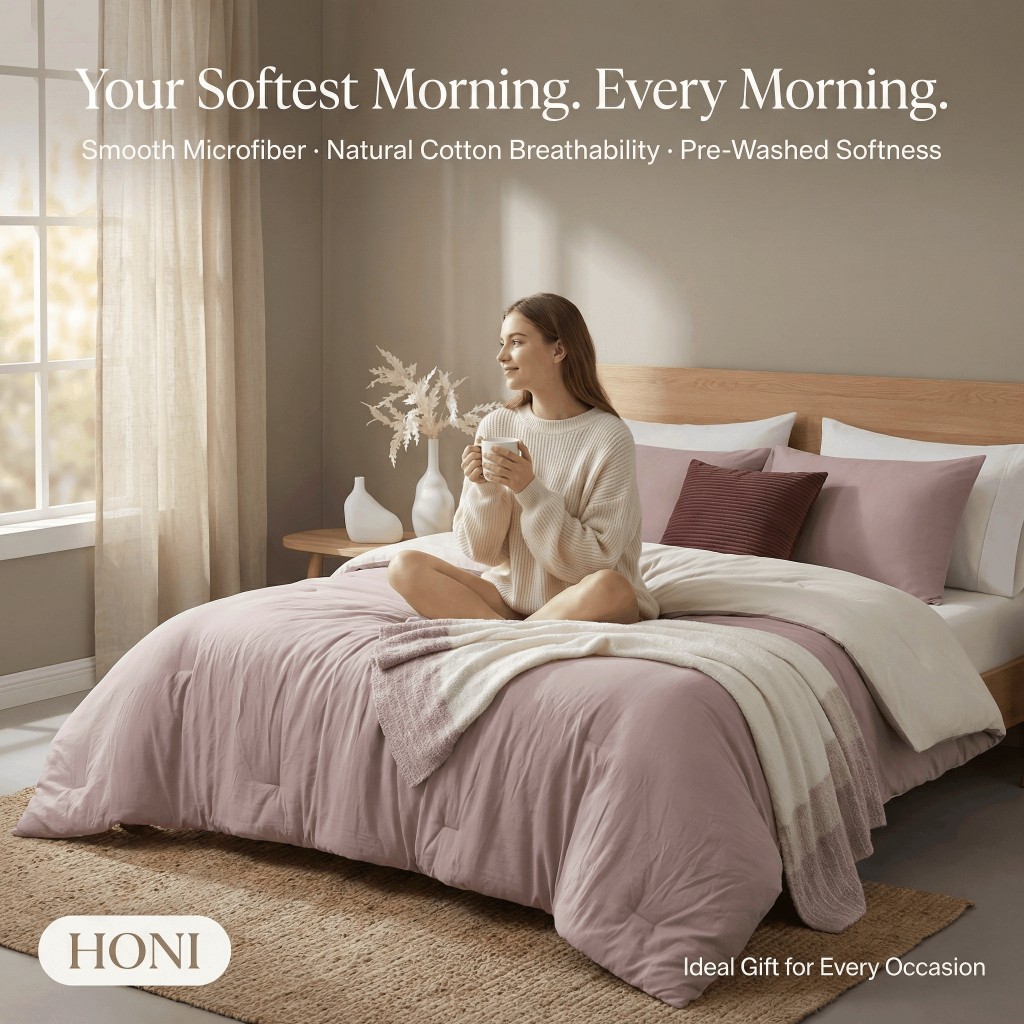 HONI 5-Piece Comforter Set – 100gsm Washed Brushed Microfiber | Naturally Breathable | Soft Woven with Smooth Hand Feel