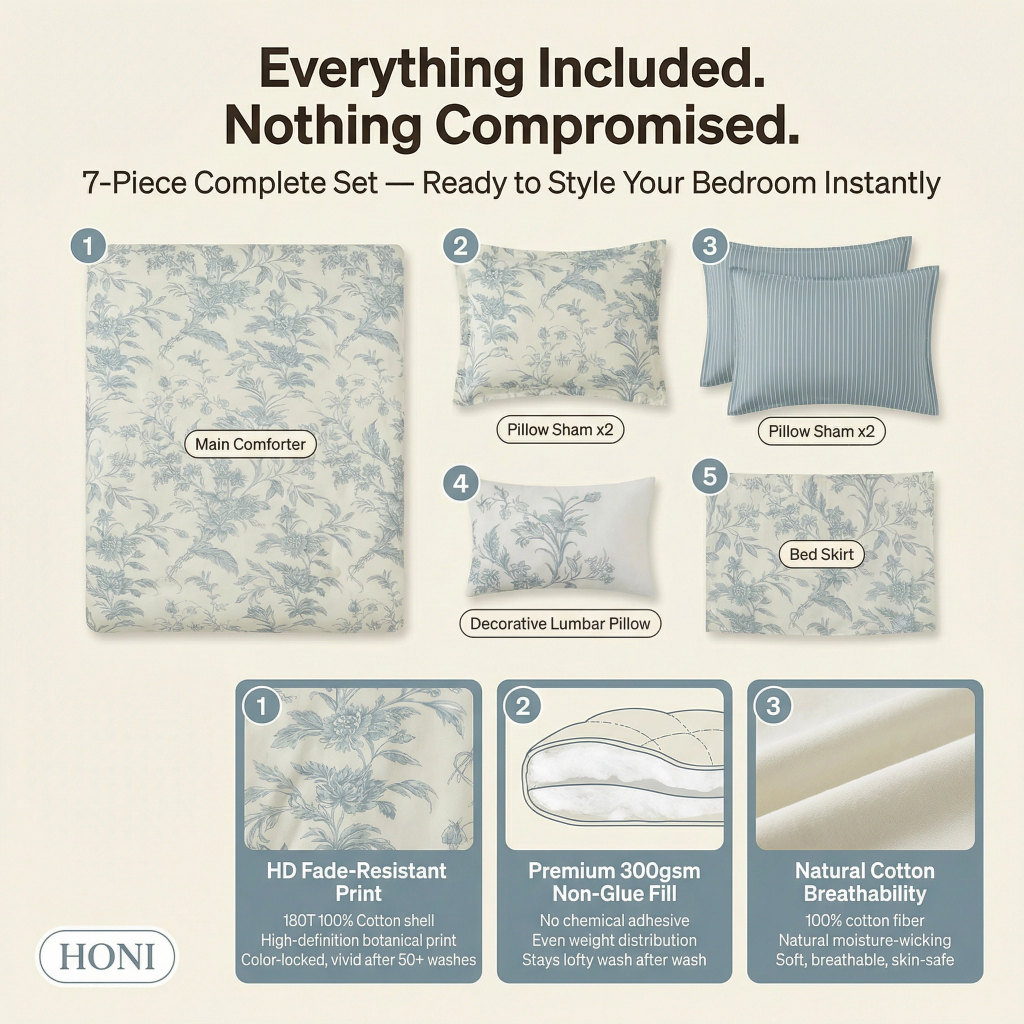 HONI Premium Botanical 7-Piece Bedding Set 180T 100% Cotton | Factory Direct | OEM/ODM Available