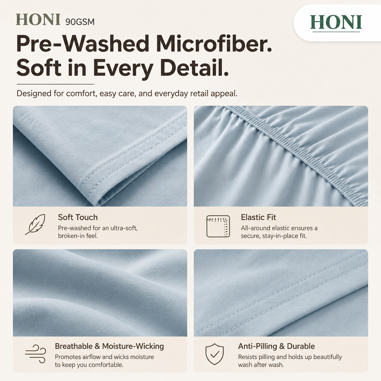 HONI 90GSM Washed Brushed Bed Sheet Set – Breathable, Moisture-Wicking & Temperature-Regulating
