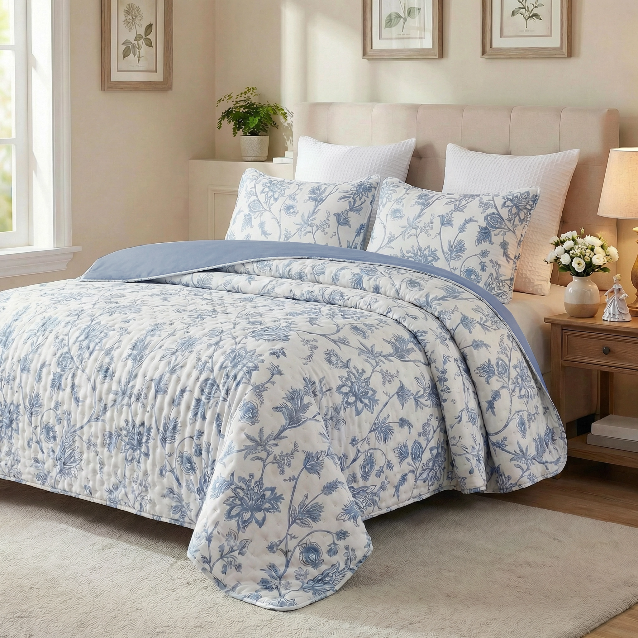 80gsm Lightweight Printed Quilt –Blue Fern Floral &Gray-Blue Reversible Bedspread