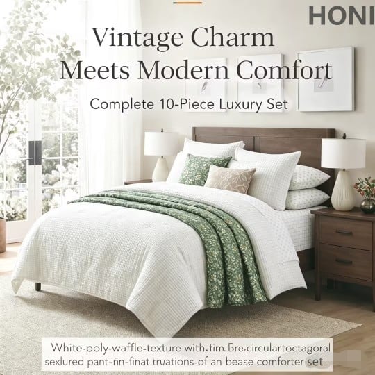 Vintage Charm Meets Modern Comfort – Complete 10-Piece Luxury Waffle Texture Comforter Set (White)