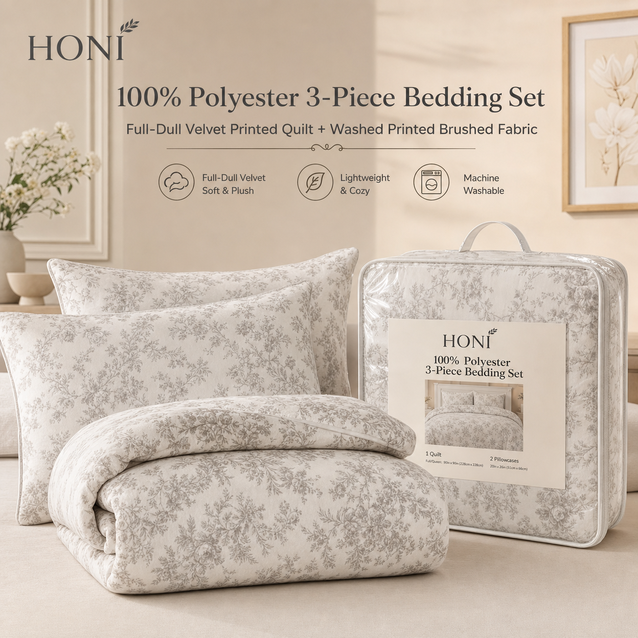 HONI 3-Piece Reversible Quilt Set – 200g Matte Velvet Print / 90gsm Washed Fabric – Soft Velvet Touch, All-Season Comfort (1 Quilt + 2 Pillowcases)
