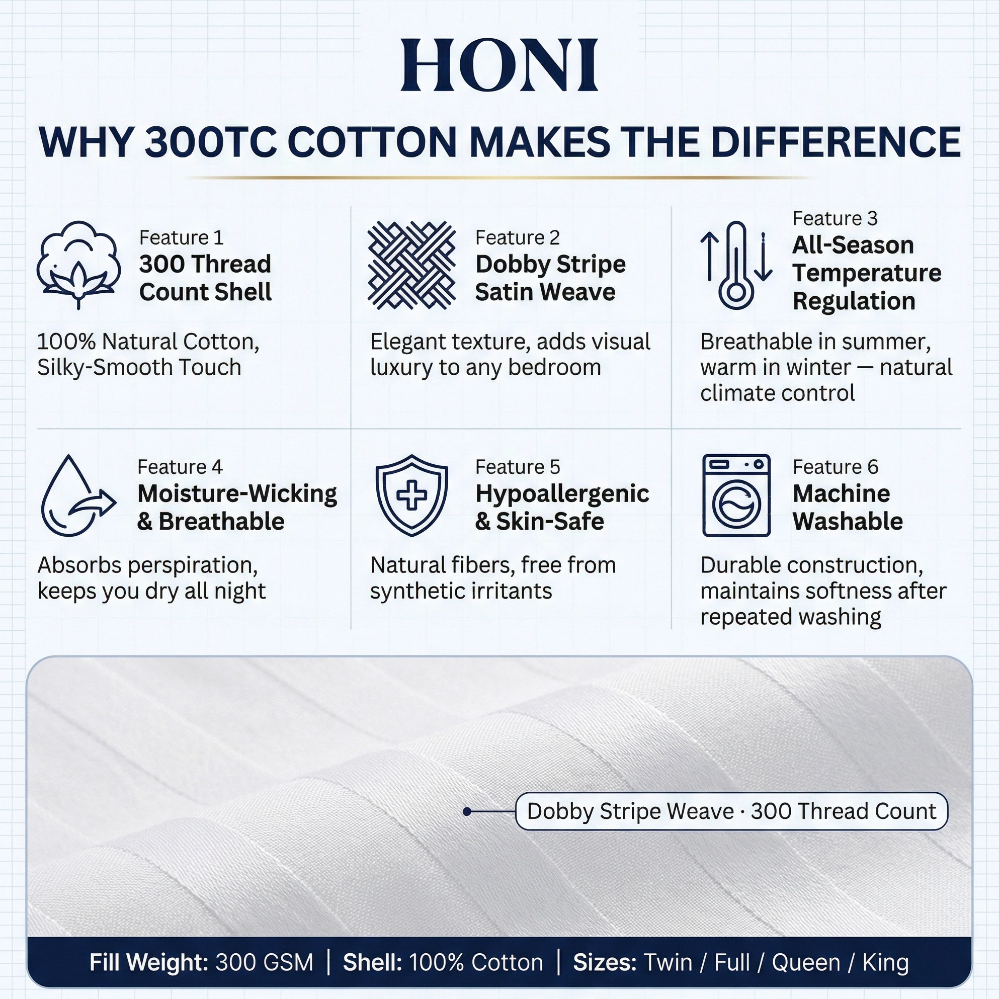 HONI 400 TC 100% Cotton Satin Stripe All-Season Quilt – 1PC | Breathable & Moisture-Wicking Comforter for Deep Sleep