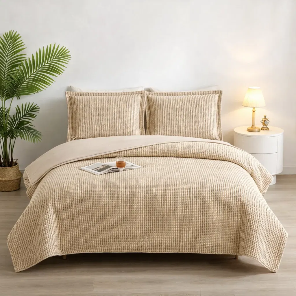 HONI 100% Cotton Yarn-Dyed Waffle Weave Duvet Cover Set – Breathable, Textured & Soft Bedding Set