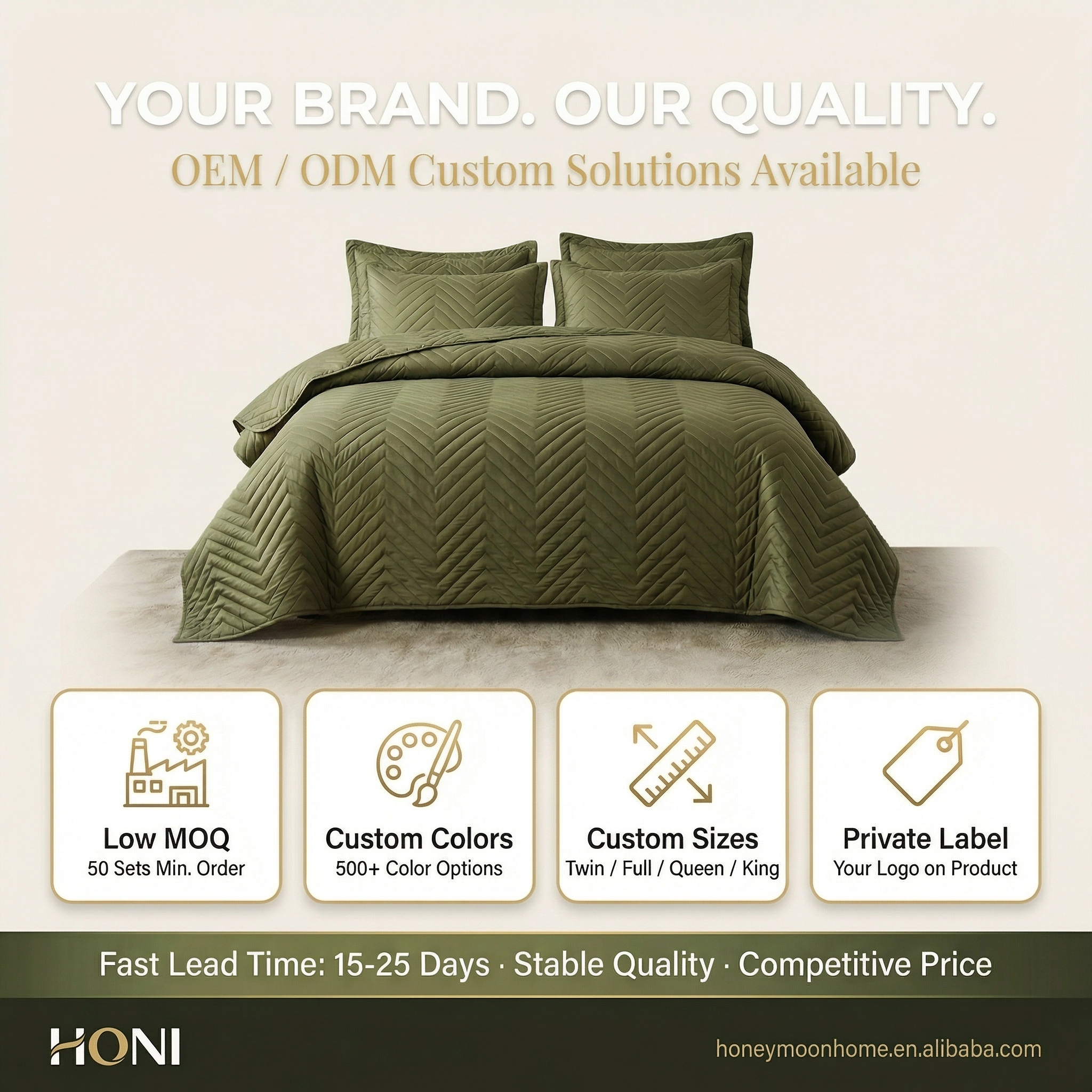 80gsm Brushed Fabric Bedspread Set –Olive Green |OEM/ODM 3-Piece Bed Cover Set for Twin/Full/Queen/King