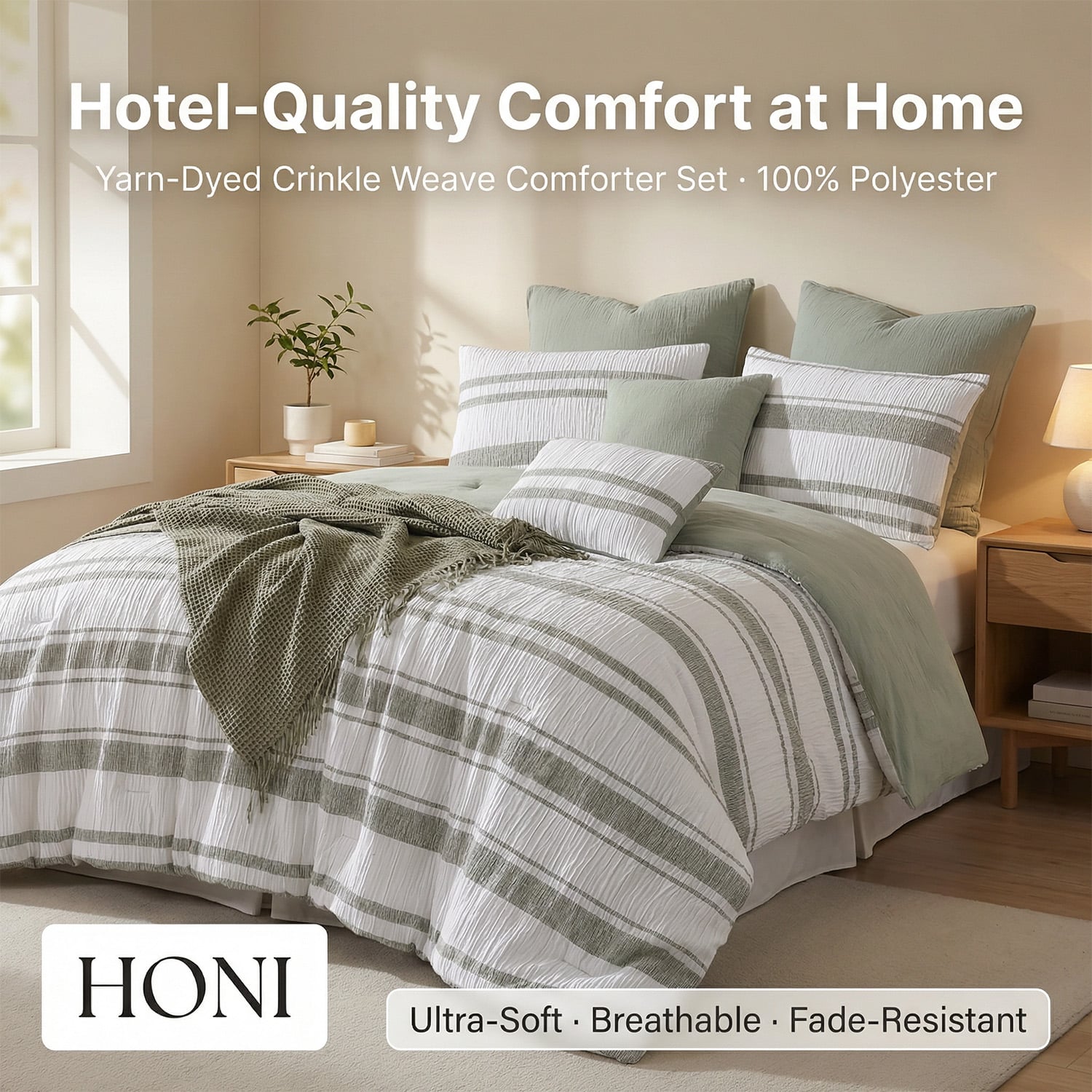 HONI Comfy Breathable All Season Lightweight Comforter Set 170gsm Yarn Dyed Waffle 8PC Comforter Set