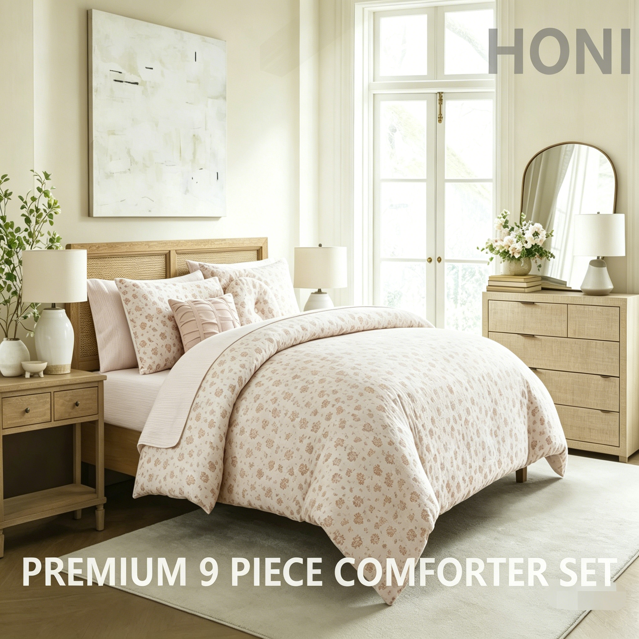 HONI 140g Polyester Gauze Floral Print Comforter Set – 9-Piece Lightweight Breathable Bedding Set, Soft & Fluffy & Machine Washable