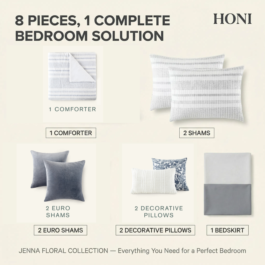 HONI Jenna Floral 8-Piece Yarn-Dyed Comforter Set – Factory Direct | MOQ 50 Sets