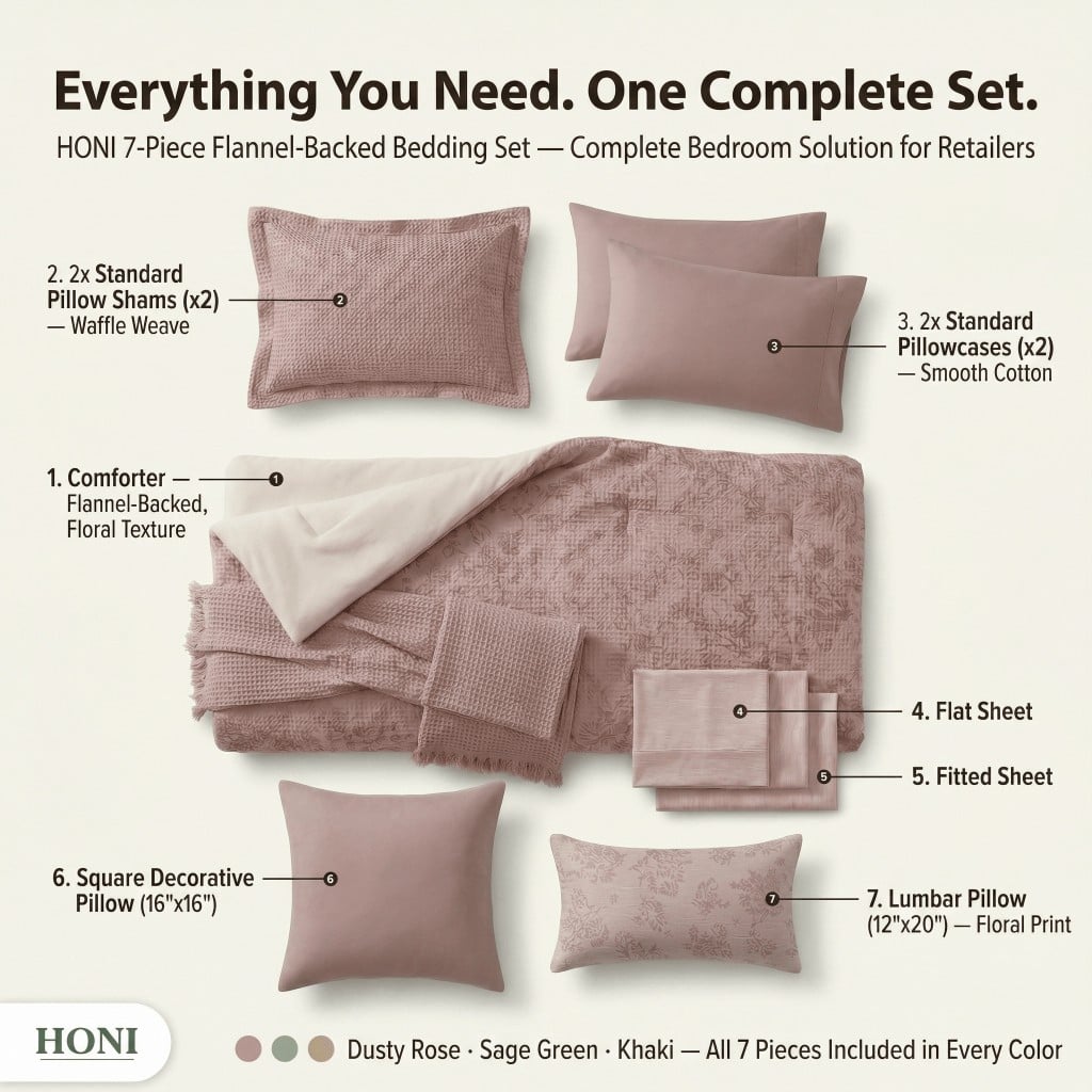 HONI Complete 7-Piece Bedding Set – Floral Texture Comforter with Touch-Soft Flannel Backing + Waffle Shams + Sheets + Decorative Pillows