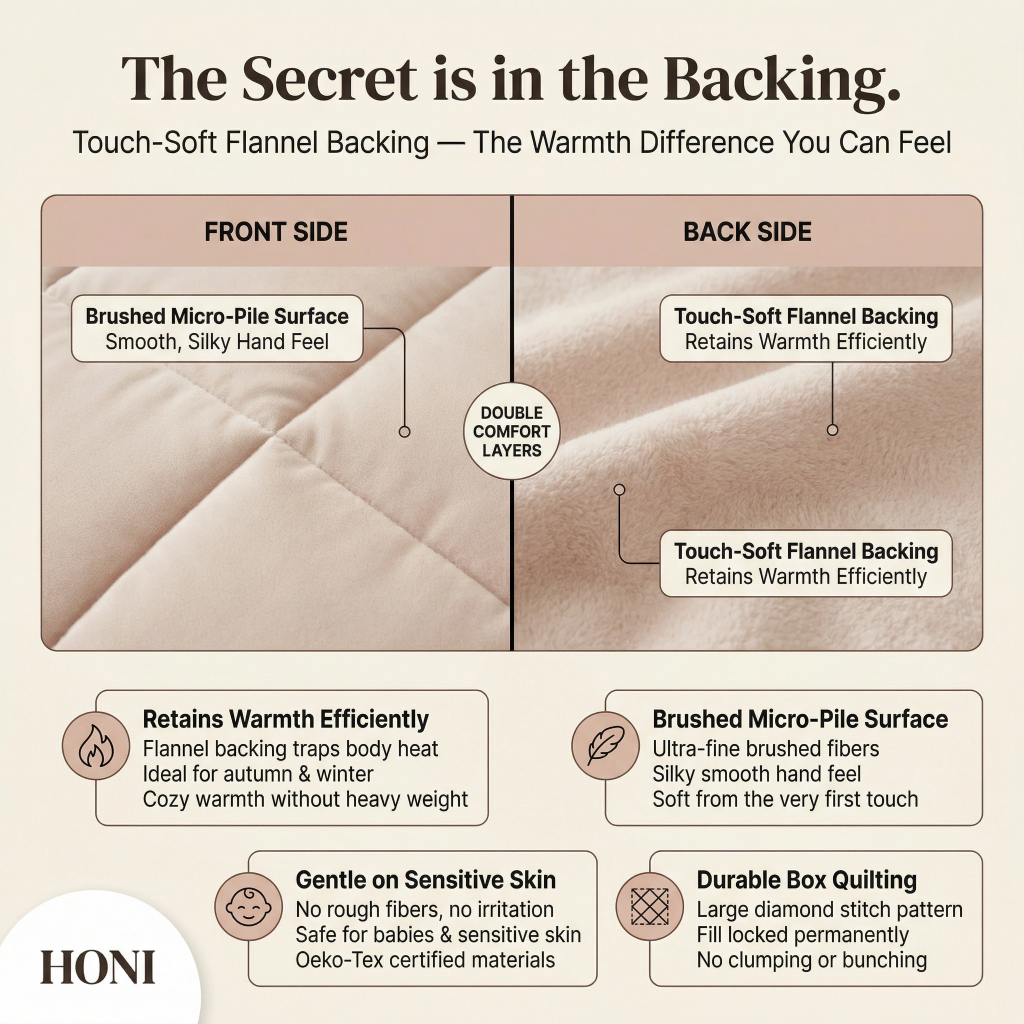 HONI All-Season Brushed Micro-Pile Blanket – 95gsm Washed Dyed Top + 180g Touch-Soft Flannel Backing | Gentle on Sensitive Skin | White / Nude Pink / Grey