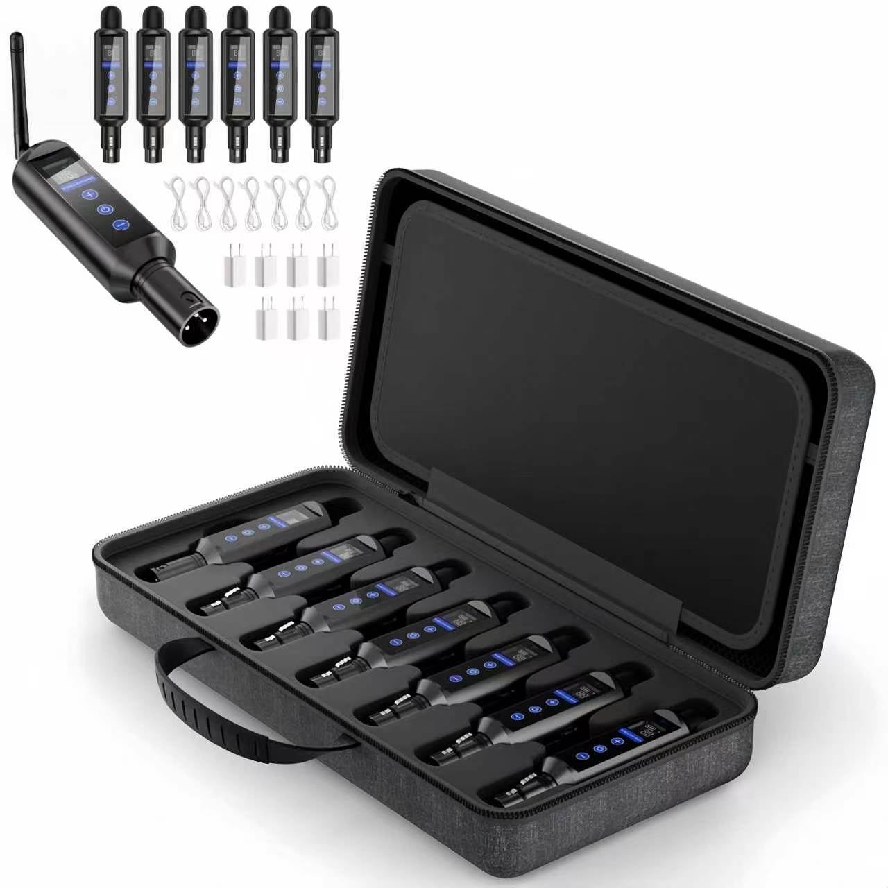 Wireless DMX512 Transmitter & Receiver Kit - A wireless DMX512 link with a rechargeable receiver, matching-ID setup and status displays for connecting lighting controllers to compatible DMX fixtures.