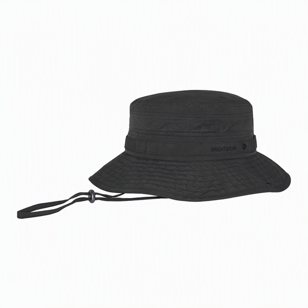 Premium aangepaste J7263 booniepet met gaasventilatie, kinband met trekkoord en daisy-chain-band, brede rand met UV-bescherming, buitenpet voor wandelen, vissen, safari en promotionele merkvoering