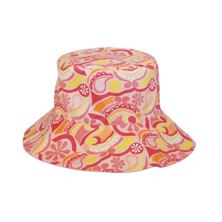 Sombrero tipo bucket personalizado premium 6556 con estampado retro psicodélico, dos versiones cromáticas, patrón abstracto paisley y floral, ala ancha, de algodón, para uso al aire libre en verano, protección solar, uso casual, festivales, viajes y branding promocional