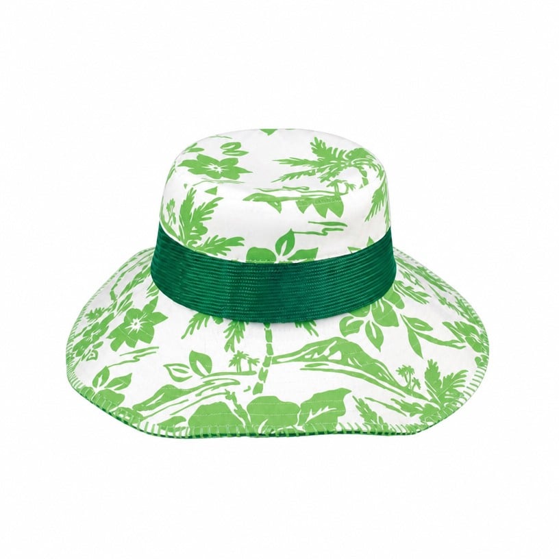 Prémium egyedi 7905B hawaii mintás bucket kalap kontrasztos hálós szalaggal és átvarrt varrásszéllel, széles, lazán lelógó szegéllyel, trópusi kültéri napkalap a strandra, utazásra és promóciós márkázásra