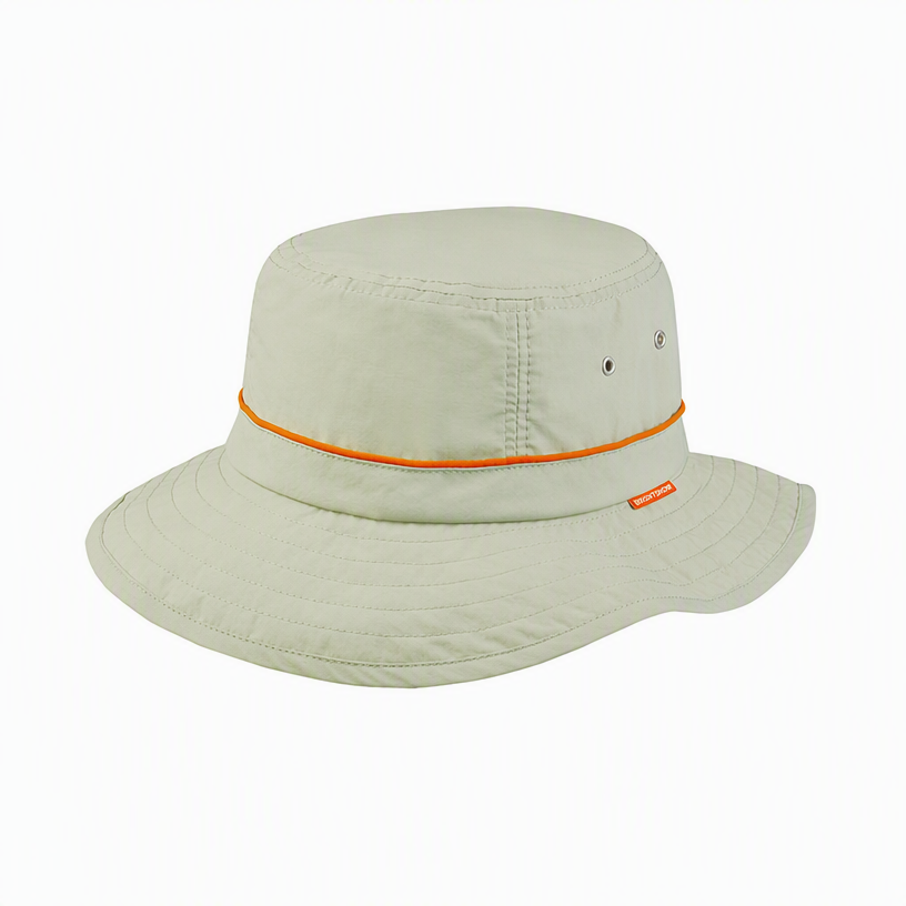 Premium Custom J7226 Bucket Hat with Orange Accent Cord and Juniper Woven Label Breathable Wide Brim Outdoor Sun Cap with Ventilation Grommets for Hiking Travel and Promotional Branding