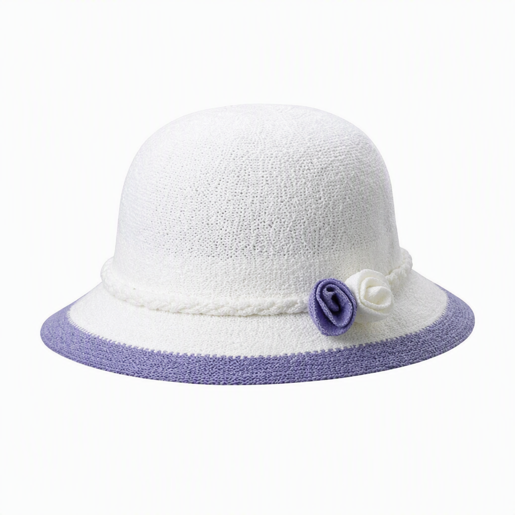 Sombrero solar tejido para niños 2513, con detalles de rosas, seis combinaciones cromáticas, cuerpo blanco con ribete de color, ala con dos rosas de tela y banda trenzada; sombrero solar para bebés y niños pequeños, ideal para juegos al aire libre y para marcaje promocional
