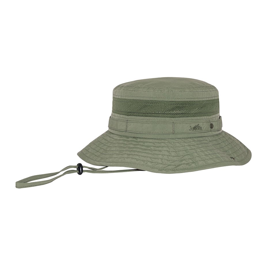 Prémiový individuální klobouk typu boonie bucket J7263 s mřížkovým větráním, šňůrkou pod bradou a páskou s řadou kroužků; klobouk s širokou okrajinou poskytující ochranu proti UV záření pro turistiku, rybaření, safari a propagaci značek