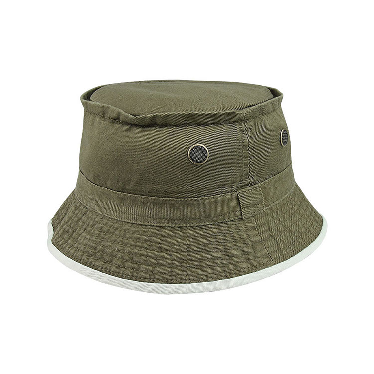 Premium Custom 7832 Olive Bucket Hat s bijelim kontrastnim vezanjem i mrežnim središtem Očićima Gosti šiveni rub Teški pamuk Twill Vanjski kapuljač za planinarenje