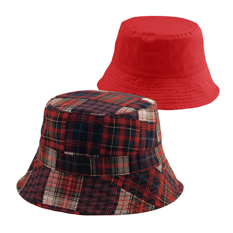 Sombrero tipo bucket personalizado premium 6571Y reversible con parches de cuadros escoceses, tres versiones cromáticas, estampado Madras y liso, uso bidireccional, ojales metálicos, sombrero de algodón para exteriores, ideal para el verano, uso casual, viajes y marcaje promocional