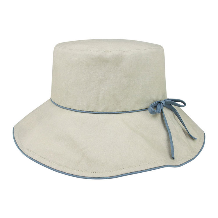 Sombrero tipo bucket con ala ancha personalizado premium 6607, con pespunte contrastante y lazo lateral, tres variantes cromáticas, tejido de algodón, gorra solar para exteriores en verano, ideal para playa y viajes, y para marcaje promocional