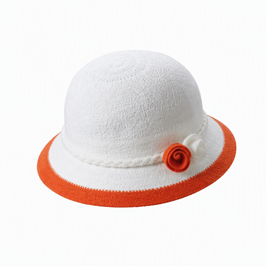 Sombrero solar tejido para niños 2513, con detalles de rosas, seis combinaciones cromáticas, cuerpo blanco con ribete de color, ala con dos rosas de tela y banda trenzada; sombrero solar para bebés y niños pequeños, ideal para juegos al aire libre y para marcaje promocional