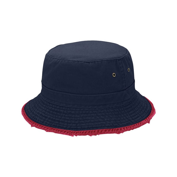 Premium Custom 7823 Navy Bucket Hat s frayed crvenim obradom i mesingom Grommets Distressed Kontrast detalj Cotton Twill Outdoor Sun Cap za uličnu modu i promotivni brend
