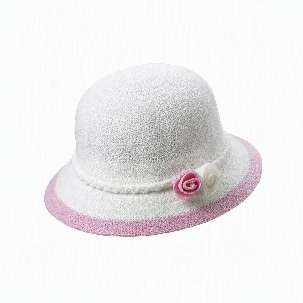 Sombrero solar tejido para niños 2513, con detalles de rosas, seis combinaciones cromáticas, cuerpo blanco con ribete de color, ala con dos rosas de tela y banda trenzada; sombrero solar para bebés y niños pequeños, ideal para juegos al aire libre y para marcaje promocional