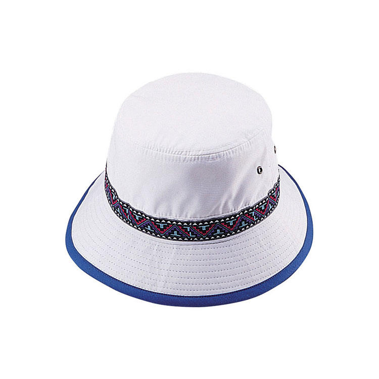 Premium Custom 7873 Tribal Woven Band Bucket Hat s plavim obradom i ventilacijskim očima Bijeli platno vanjski sunčani kapuljač za putovanje festivala i promotivni brend