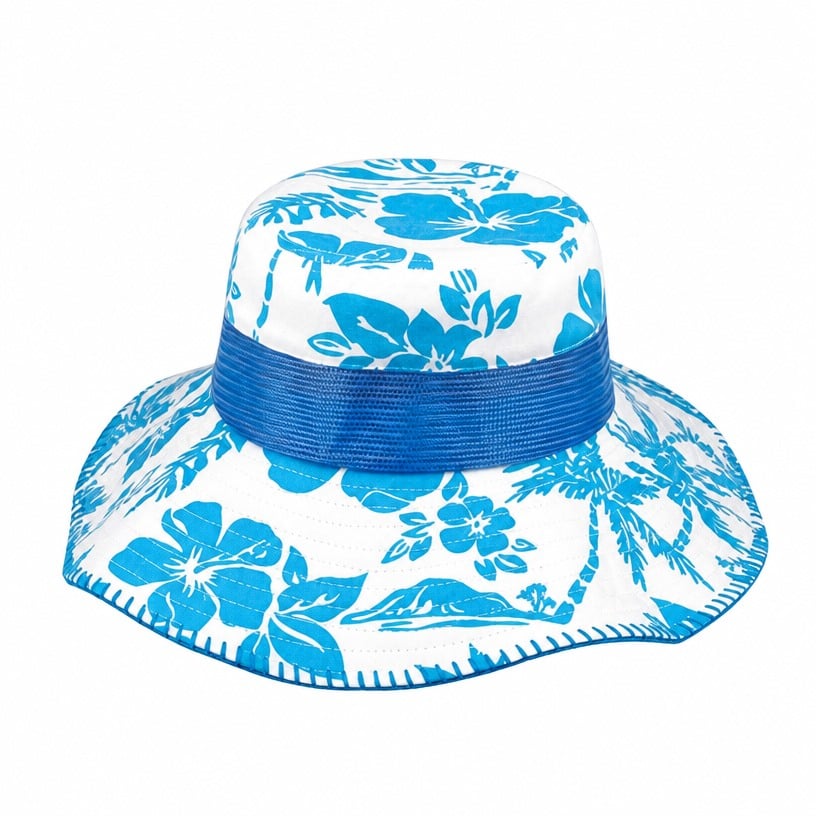 Prémium egyedi 7905B hawaii mintás bucket kalap kontrasztos hálós szalaggal és átvarrt varrásszéllel, széles, lazán lelógó szegéllyel, trópusi kültéri napkalap a strandra, utazásra és promóciós márkázásra