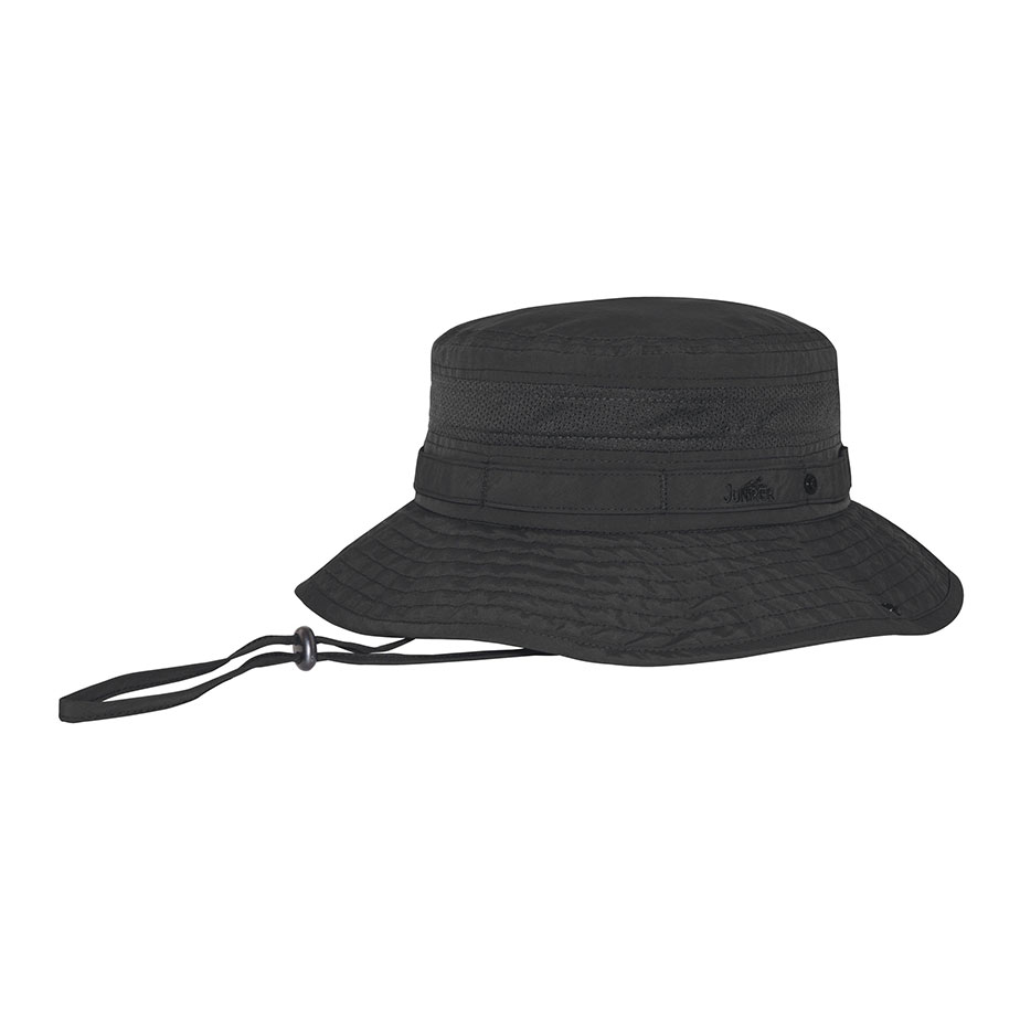 Prémiový individuální klobouk typu boonie bucket J7263 s mřížkovým větráním, šňůrkou pod bradou a páskou s řadou kroužků; klobouk s širokou okrajinou poskytující ochranu proti UV záření pro turistiku, rybaření, safari a propagaci značek
