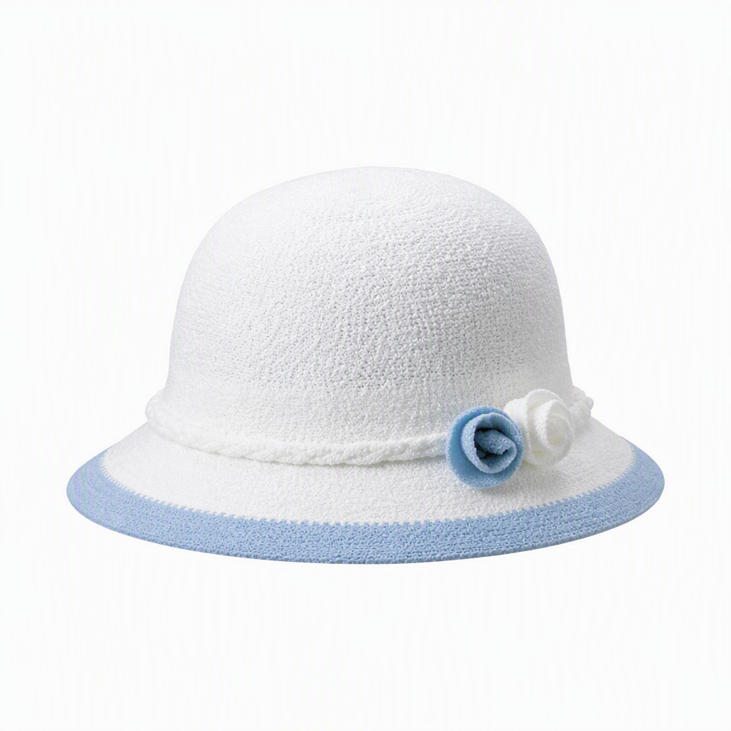 Sombrero solar tejido para niños 2513, con detalles de rosas, seis combinaciones cromáticas, cuerpo blanco con ribete de color, ala con dos rosas de tela y banda trenzada; sombrero solar para bebés y niños pequeños, ideal para juegos al aire libre y para marcaje promocional