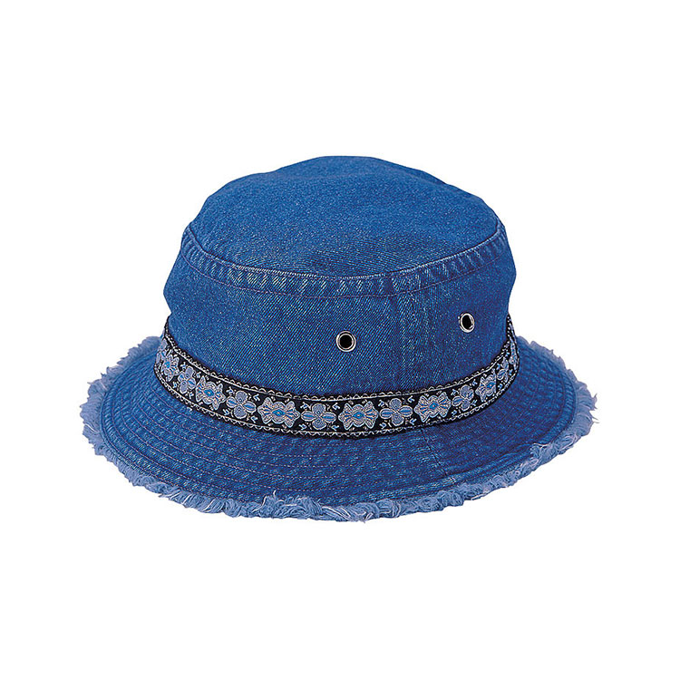Premium Custom 7871Y Denim Bucket Hat s Mandala Embroidery Bandom i Heavy Frayed Edge Silver Grommets Outdoor Fashion Cap za uličnu odjeću i promotivni brend