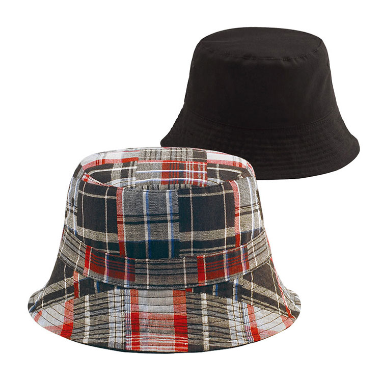 Sombrero tipo bucket personalizado premium 6571Y reversible con parches de cuadros escoceses, tres versiones cromáticas, estampado Madras y liso, uso bidireccional, ojales metálicos, sombrero de algodón para exteriores, ideal para el verano, uso casual, viajes y marcaje promocional