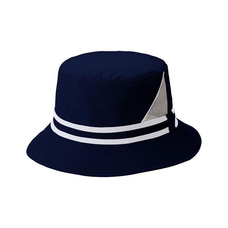 Premium Custom 7820 Navy Bucket Hat s dvostrukim bijelim prugama i trokutnom mrežom Vent Pretraživa sintetička vanjska kapica za sunce za putovanja Ljeto i promotivni brend