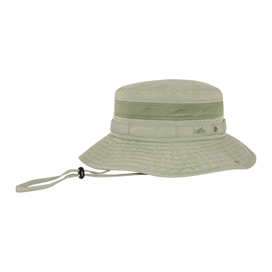 Prémiový individuální klobouk typu boonie bucket J7263 s mřížkovým větráním, šňůrkou pod bradou a páskou s řadou kroužků; klobouk s širokou okrajinou poskytující ochranu proti UV záření pro turistiku, rybaření, safari a propagaci značek