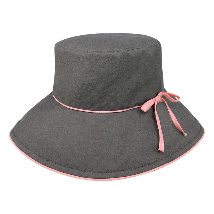 Sombrero tipo bucket con ala ancha personalizado premium 6607, con pespunte contrastante y lazo lateral, tres variantes cromáticas, tejido de algodón, gorra solar para exteriores en verano, ideal para playa y viajes, y para marcaje promocional