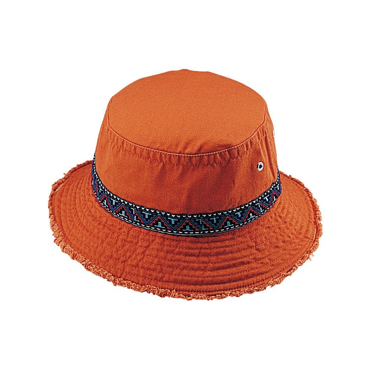 Premium Custom 7863A Opekli narandžasti šuljica s tirkiznim geometrijskim tkanih traka Frayed Edge i srebrne Grommets Outdoor Sun Cap za putovanja festivala i promotivne branding