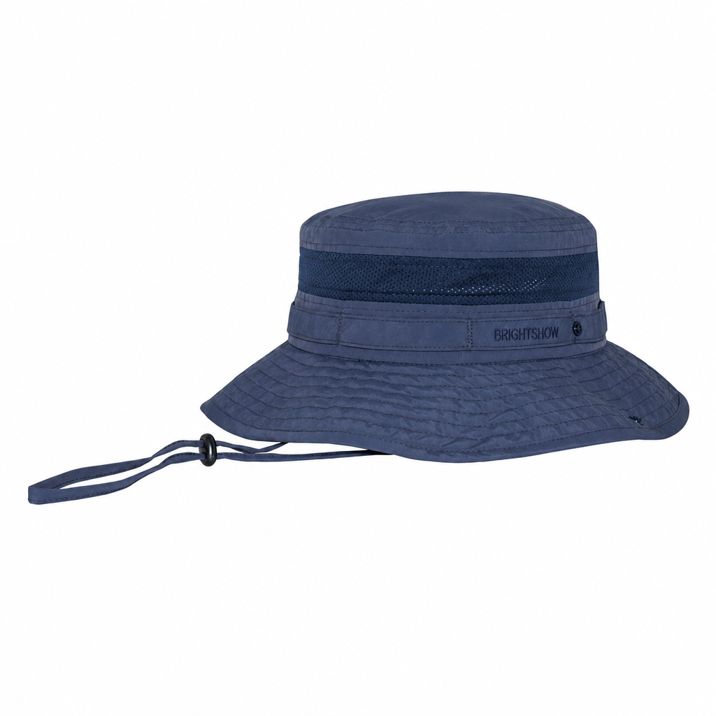 Premium aangepaste J7263 booniepet met gaasventilatie, kinband met trekkoord en daisy-chain-band, brede rand met UV-bescherming, buitenpet voor wandelen, vissen, safari en promotionele merkvoering