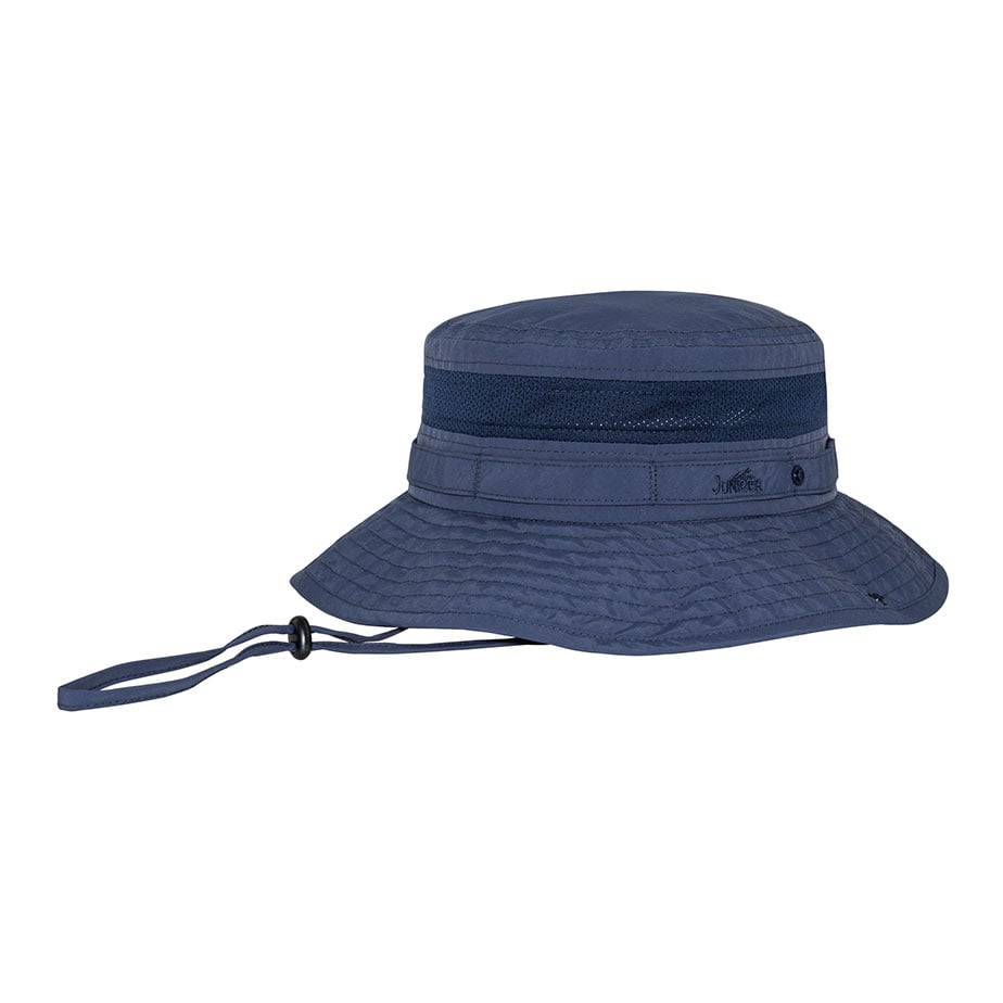 Prémiový individuální klobouk typu boonie bucket J7263 s mřížkovým větráním, šňůrkou pod bradou a páskou s řadou kroužků; klobouk s širokou okrajinou poskytující ochranu proti UV záření pro turistiku, rybaření, safari a propagaci značek